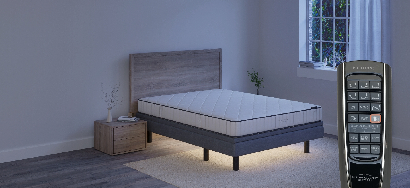 Custom Comfort A-500 – Deck-on-Rail Premium Wireless Adjustable Bed with Lift & Tilt 500 under bed lighting